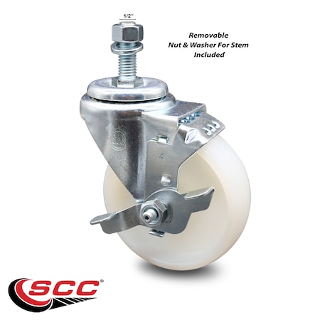 Service Caster 4 Inch Nylon Wheel Swivel 1/2 Inch Threaded Stem Caster with Brake SCC-TS20S414-NYS-TLB-121315